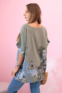 Women's cotton shirt with butterflies and flowers ART10739 - 1 / – Khaki цвет / color | Lexline Fashion