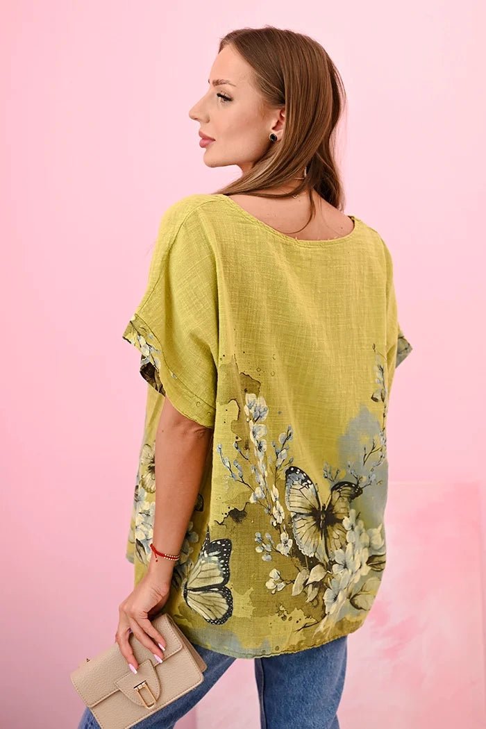Women's cotton shirt with butterflies and flowers ART10739 - 1 / – Kiwi цвет / color | Lexline Fashion