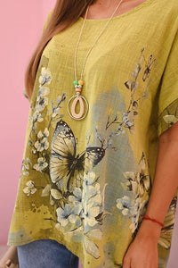 Women's cotton shirt with butterflies and flowers ART10739 - 1 / – Kiwi цвет / color | Lexline Fashion