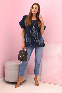 Women's cotton shirt with butterflies and flowers ART10739 - 1 / – Navy blue цвет / color | Lexline Fashion