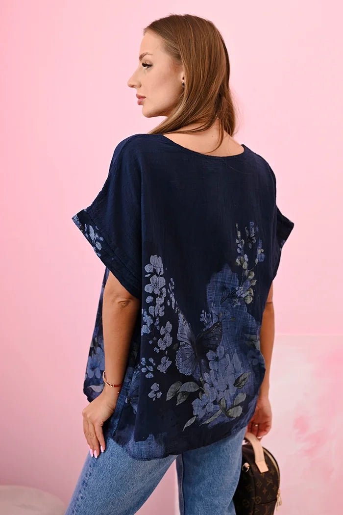 Women's cotton shirt with butterflies and flowers ART10739 - 1 / – Navy blue цвет / color | Lexline Fashion