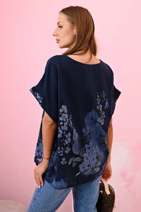 Women's cotton shirt with butterflies and flowers ART10739 - 1 / – Navy blue цвет / color | Lexline Fashion