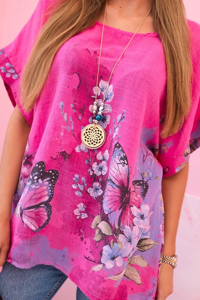 Women's cotton shirt with butterflies and flowers ART10739 - 1 / – Pink цвет / color | Lexline Fashion