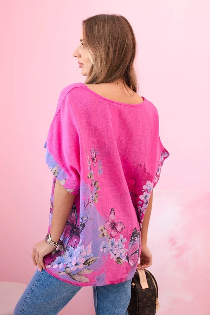 Women's cotton shirt with butterflies and flowers ART10739 - 1 / – Pink цвет / color | Lexline Fashion