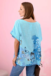 Women's cotton shirt with butterflies and flowers ART10739 - 1 / – Turquoise цвет / color | Lexline Fashion