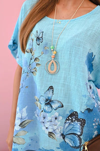 Women's cotton shirt with butterflies and flowers ART10739 - 1 / – Turquoise цвет / color | Lexline Fashion