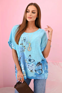 Women's cotton shirt with butterflies and flowers ART10739 - 1 / – Turquoise цвет / color | Lexline Fashion
