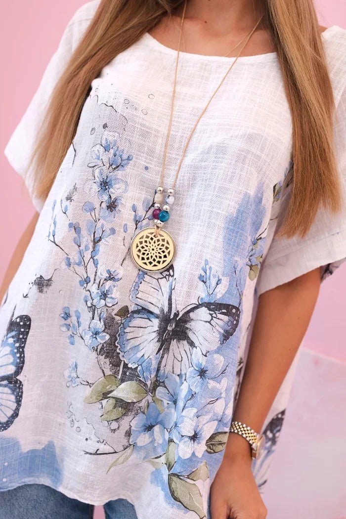 Women's cotton shirt with butterflies and flowers ART10739 - 1 / – White цвет / color | Lexline Fashion