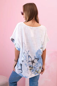 Women's cotton shirt with butterflies and flowers ART10739 - 1 / – White цвет / color | Lexline Fashion