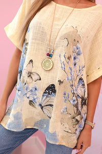 Women's cotton shirt with butterflies and flowers ART10739 - 1 / – Yellow цвет / color | Lexline Fashion