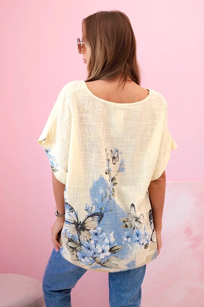 Women's cotton shirt with butterflies and flowers ART10739 - 1 / – Yellow цвет / color | Lexline Fashion