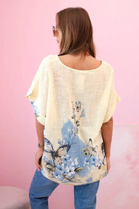 Women's cotton shirt with butterflies and flowers ART10739 - 1 / – Yellow цвет / color | Lexline Fashion