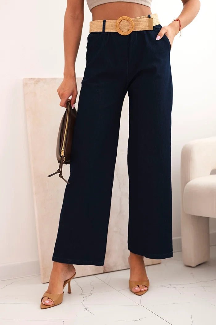 Women's cotton trousers with wide legs and a belt ART59806 / – Dark Denim цвет / color | Lexline Fashion