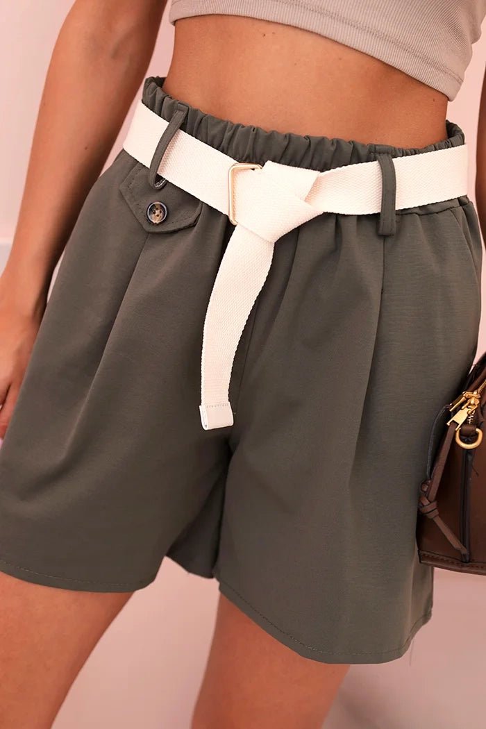Women's high - waisted shorts with a belt ART53000 / – Khaki цвет / color | Lexline Fashion
