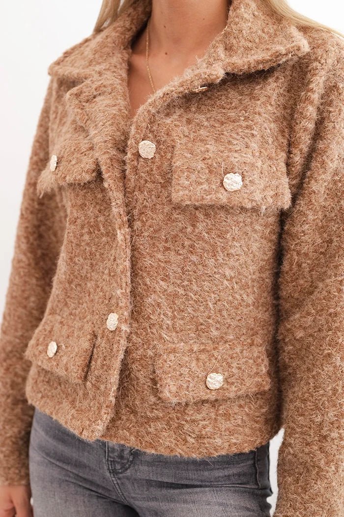 Women's jacket with wool in a fluffy texture and decorative buttons ART0029 / – Ecru цвет / color | Lexline Fashion