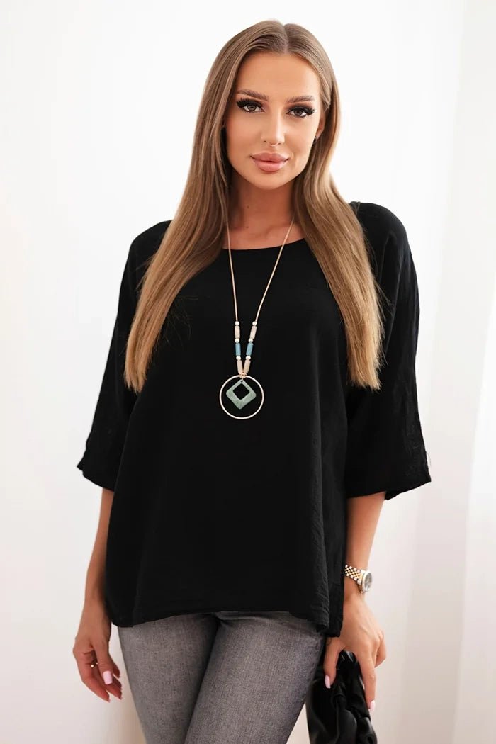 Women's linen - cotton short - sleeve blouse ART8003 / – Black цвет / color | Lexline Fashion