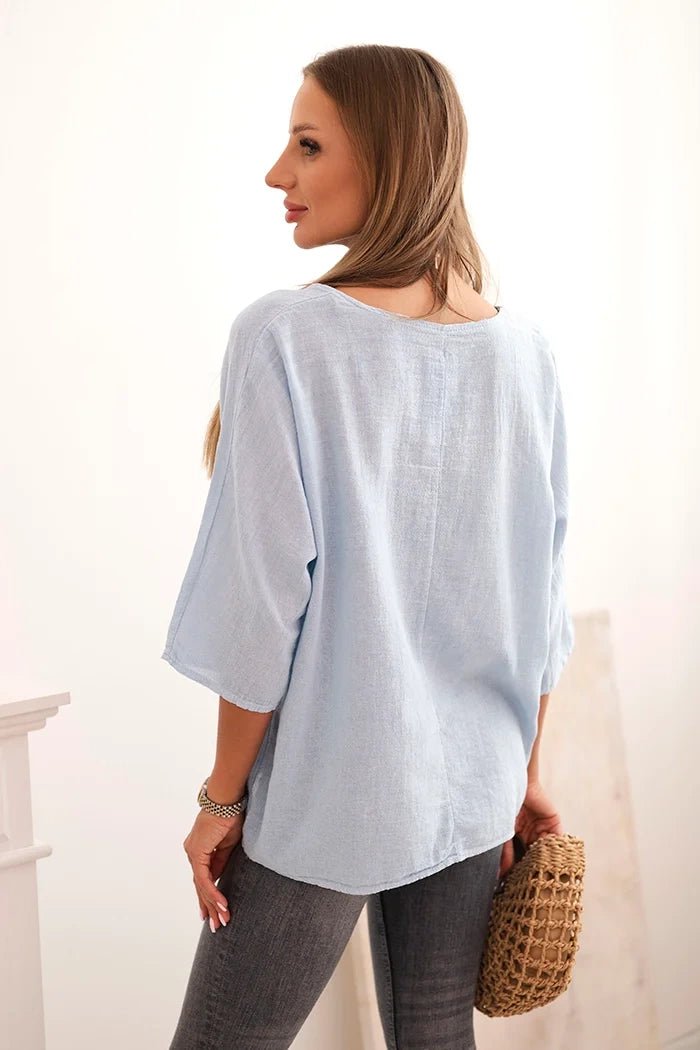 Women's linen - cotton short - sleeve blouse ART8003 / – Blue цвет / color | Lexline Fashion