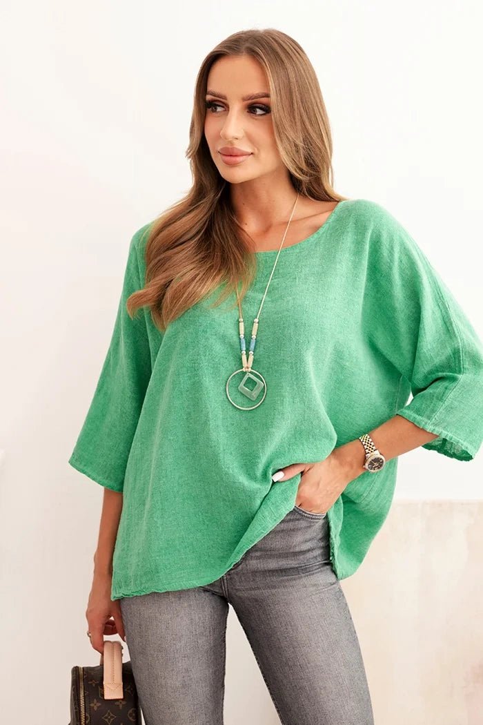 Women's linen - cotton short - sleeve blouse ART8003 / – Green цвет / color | Lexline Fashion