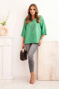 Women's linen - cotton short - sleeve blouse ART8003 / – Green цвет / color | Lexline Fashion
