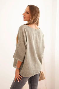Women's linen - cotton short - sleeve blouse ART8003 / – Khaki цвет / color | Lexline Fashion
