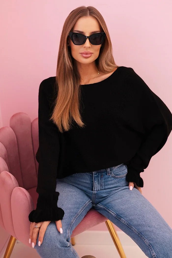 Women's mohair sweater with gathered sleeves and a cutout on the back 2506 / – Black цвет / color | Lexline Fashion