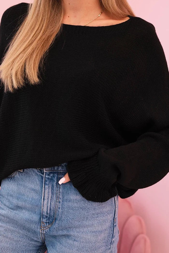 Women's mohair sweater with gathered sleeves and a cutout on the back 2506 / – Black цвет / color | Lexline Fashion
