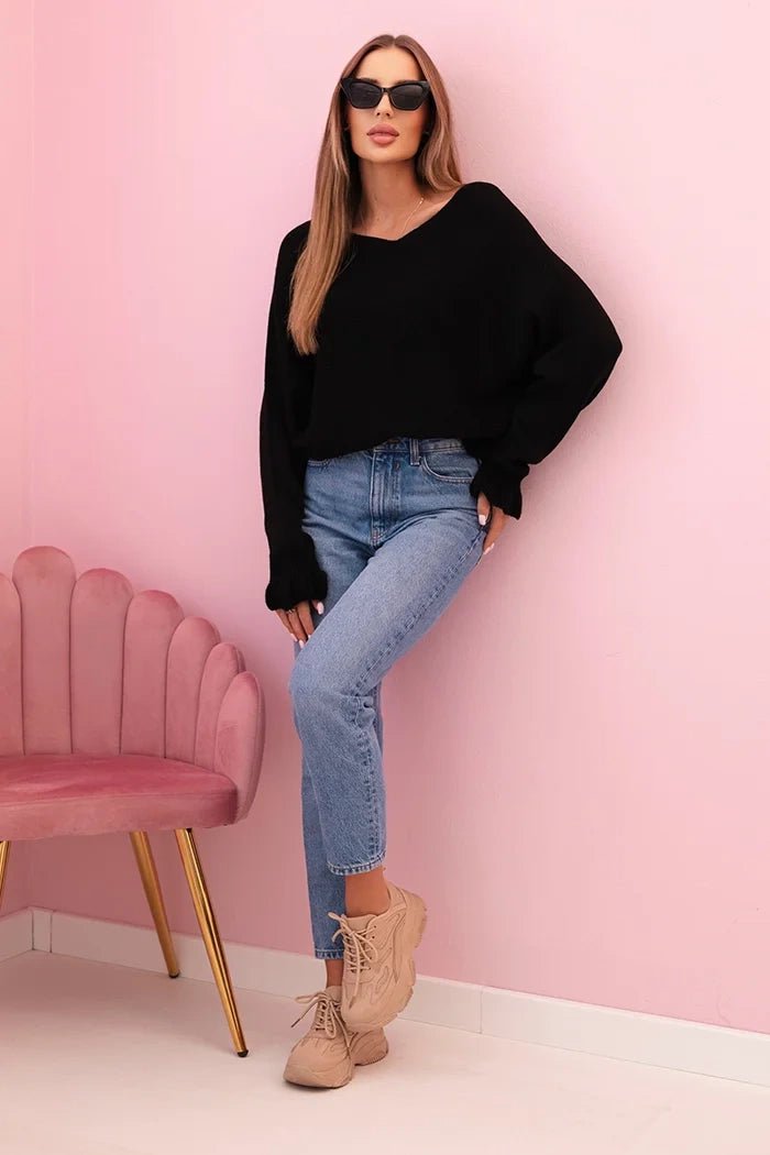 Women's mohair sweater with gathered sleeves and a cutout on the back 2506 / – Black цвет / color | Lexline Fashion