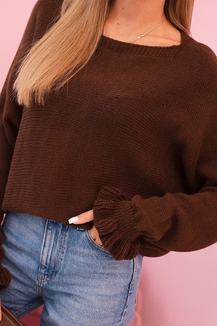 Women's mohair sweater with gathered sleeves and a cutout on the back 2506 / – Brown цвет / color | Lexline Fashion