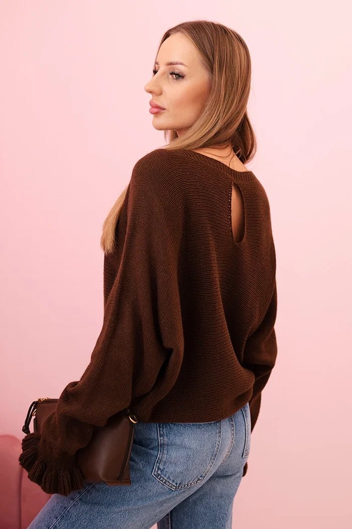 Women's mohair sweater with gathered sleeves and a cutout on the back 2506 / – Brown цвет / color | Lexline Fashion