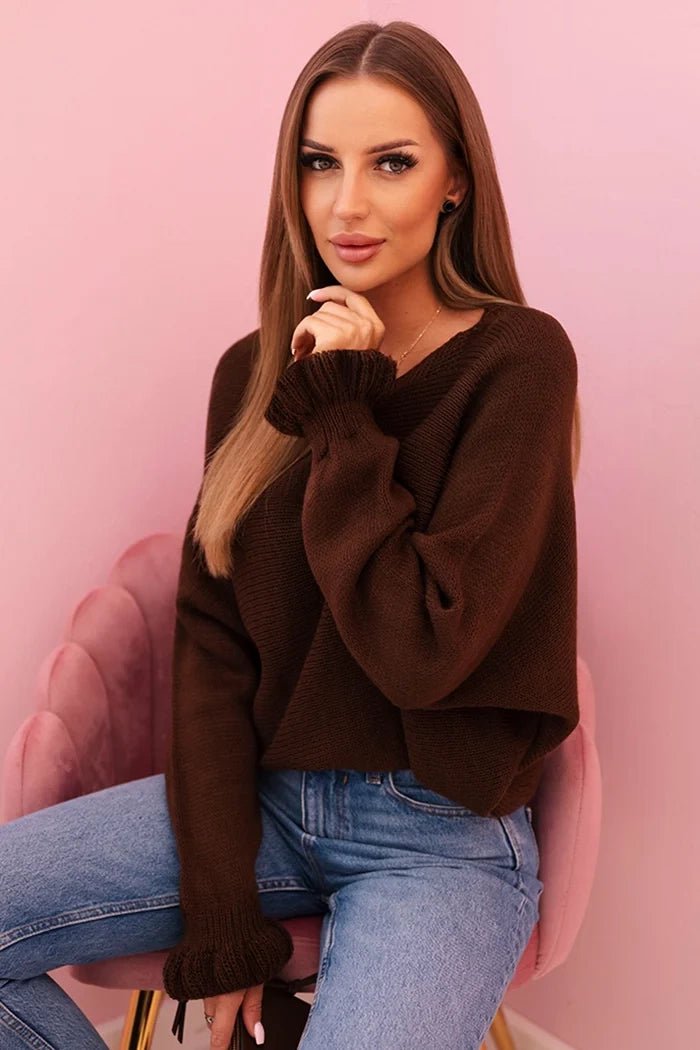 Women's mohair sweater with gathered sleeves and a cutout on the back 2506 / – Brown цвет / color | Lexline Fashion