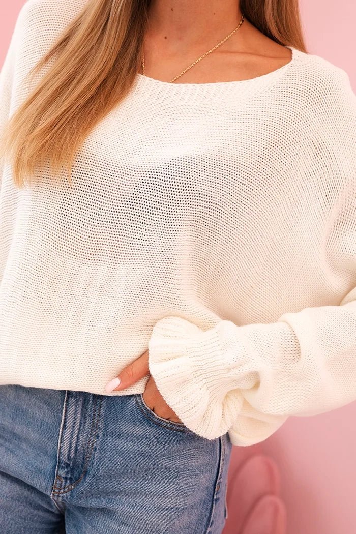 Women's mohair sweater with gathered sleeves and a cutout on the back 2506 / – Ecru цвет / color | Lexline Fashion