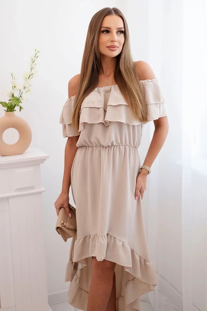 Women's off - the - shoulder dress with a longer back IT - 77 / – Beige цвет / color | Lexline Fashion