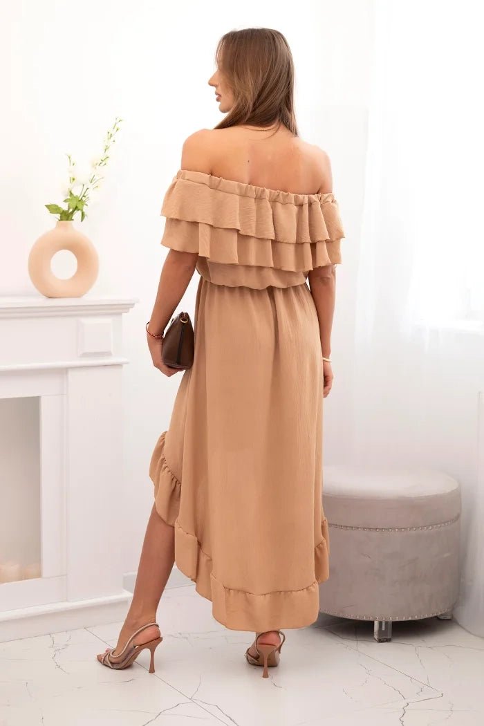 Women's off - the - shoulder dress with a longer back IT - 77 / – Camel цвет / color | Lexline Fashion