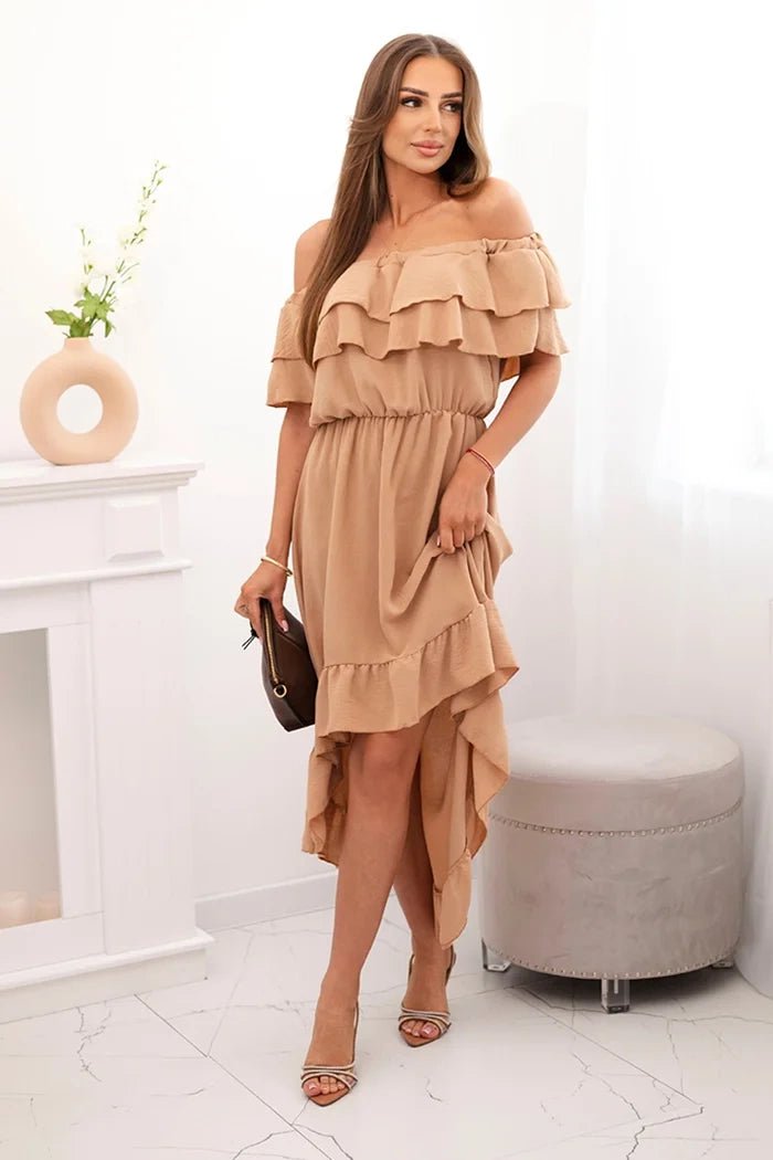 Women's off - the - shoulder dress with a longer back IT - 77 / – Camel цвет / color | Lexline Fashion