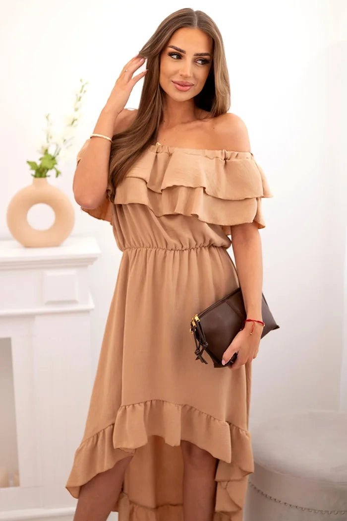 Women's off - the - shoulder dress with a longer back IT - 77 / – Camel цвет / color | Lexline Fashion