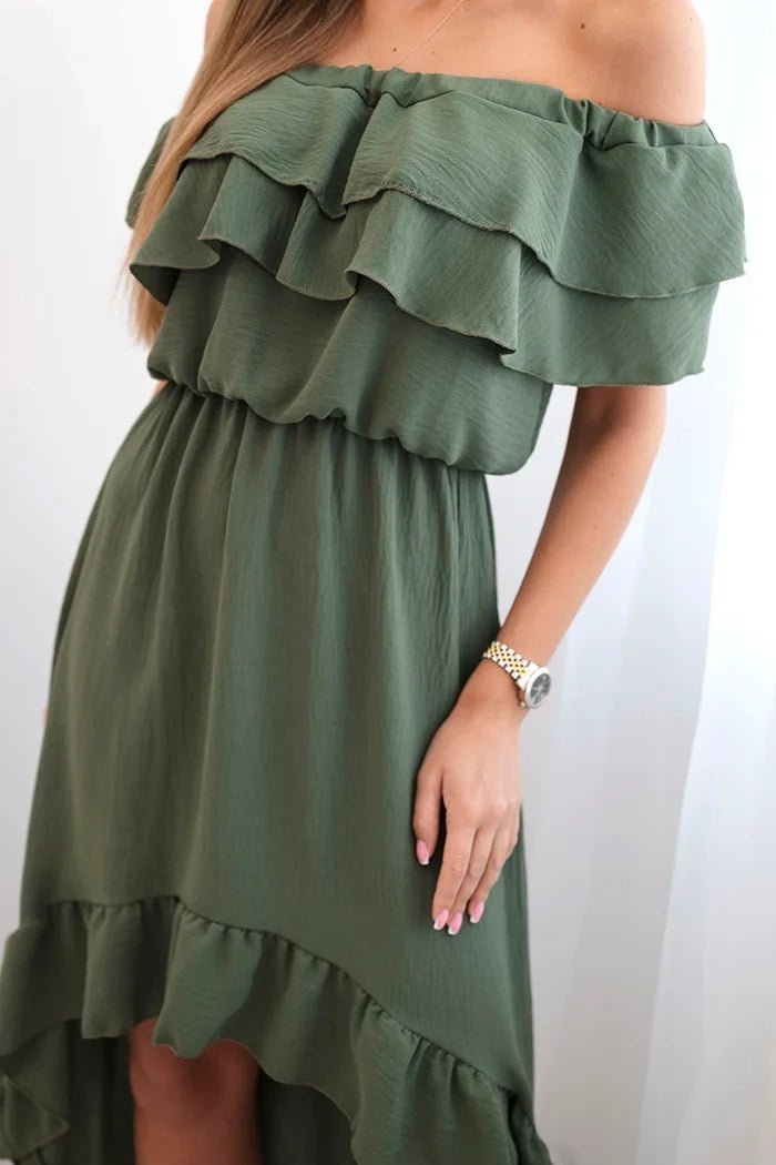 Women's off - the - shoulder dress with a longer back IT - 77 / – Khaki цвет / color | Lexline Fashion
