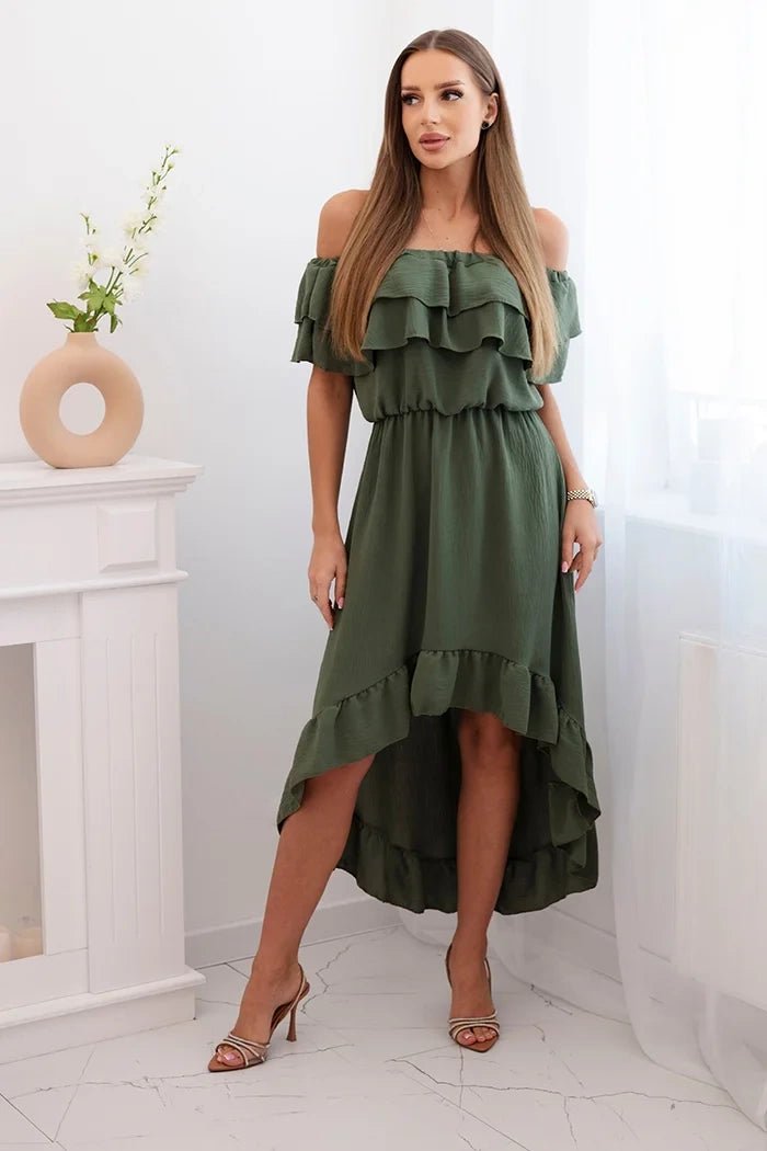 Women's off - the - shoulder dress with a longer back IT - 77 / – Khaki цвет / color | Lexline Fashion