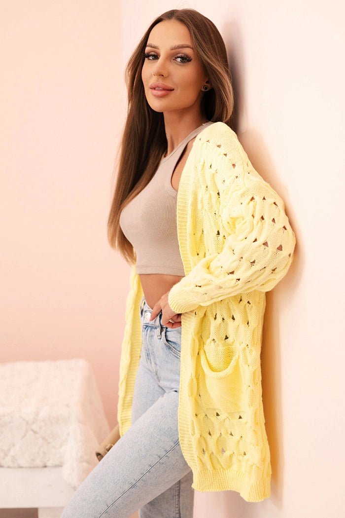 Women's openwork cardigan with pockets ART10074 / – Yellow цвет / color | Lexline Fashion