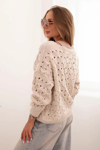 Women's openwork sweater with a V - neck and golden buttons ART9083 / – Beige цвет / color | Lexline Fashion