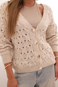 Women's openwork sweater with a V - neck and golden buttons ART9083 / – Beige цвет / color | Lexline Fashion