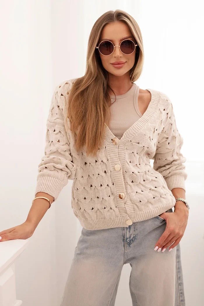 Women's openwork sweater with a V - neck and golden buttons ART9083 / – Beige цвет / color | Lexline Fashion