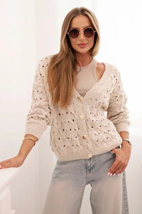 Women's openwork sweater with a V - neck and golden buttons ART9083 / – Beige цвет / color | Lexline Fashion