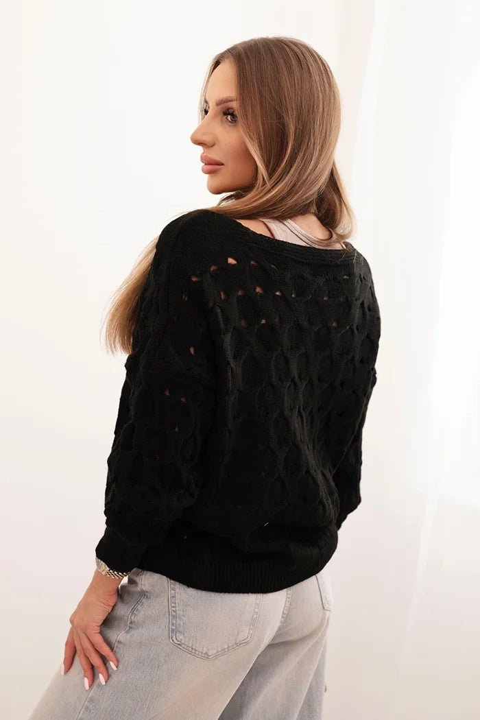 Women's openwork sweater with a V - neck and golden buttons ART9083 / – Black цвет / color | Lexline Fashion