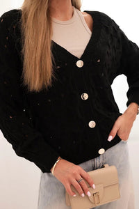 Women's openwork sweater with a V - neck and golden buttons ART9083 / – Black цвет / color | Lexline Fashion
