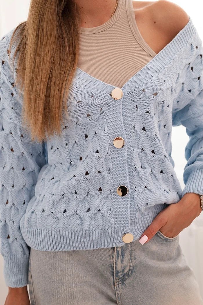 Women's openwork sweater with a V - neck and golden buttons ART9083 / – Blue цвет / color | Lexline Fashion