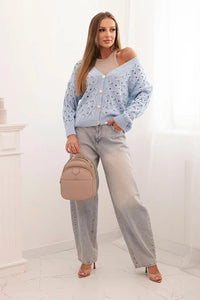 Women's openwork sweater with a V - neck and golden buttons ART9083 / – Blue цвет / color | Lexline Fashion