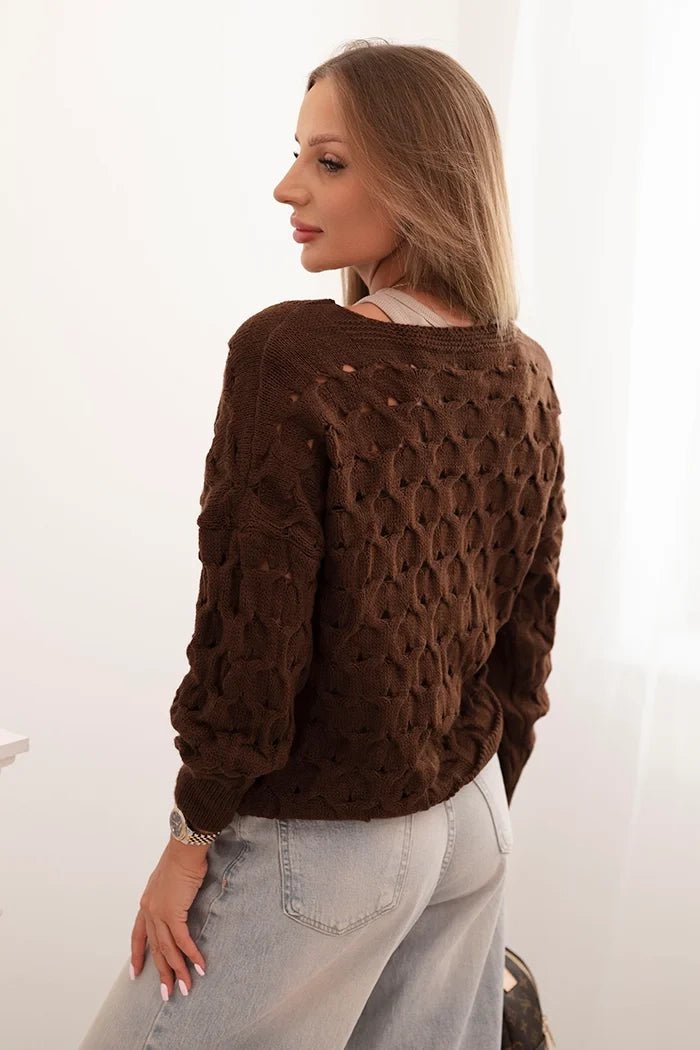 Women's openwork sweater with a V - neck and golden buttons ART9083 / – Brown цвет / color | Lexline Fashion