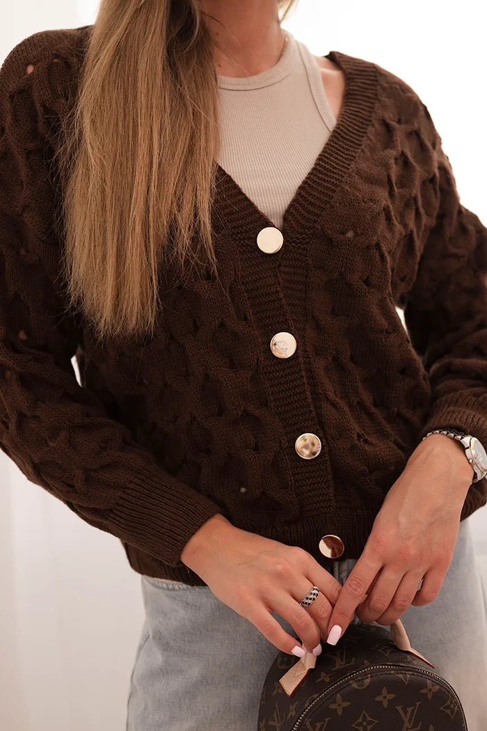 Women's openwork sweater with a V - neck and golden buttons ART9083 / – Brown цвет / color | Lexline Fashion