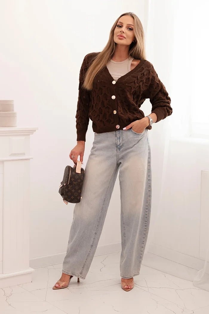 Women's openwork sweater with a V - neck and golden buttons ART9083 / – Brown цвет / color | Lexline Fashion