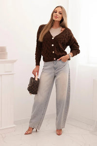 Women's openwork sweater with a V - neck and golden buttons ART9083 / – Brown цвет / color | Lexline Fashion